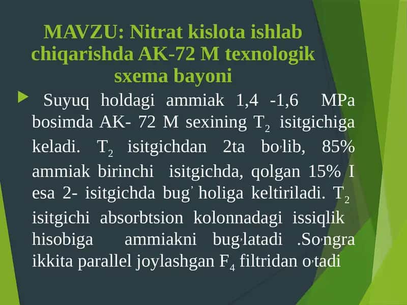 Nitrat kislota ishlab chiqarishda AK-72 M texnologik sxema bayoni