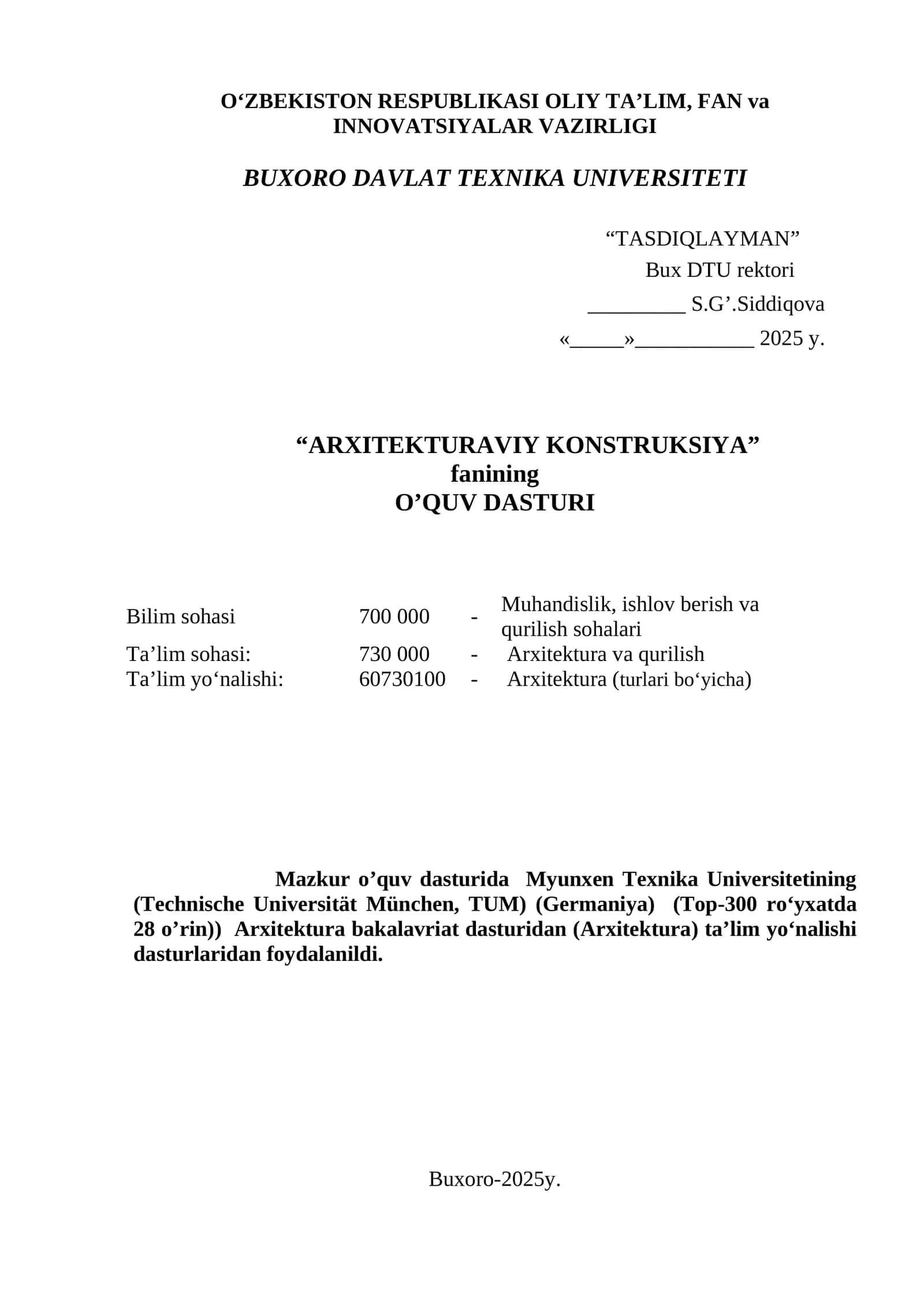 “ARXITEKTURAVIY KONSTRUKSIYA” fanining O’QUV DASTURI