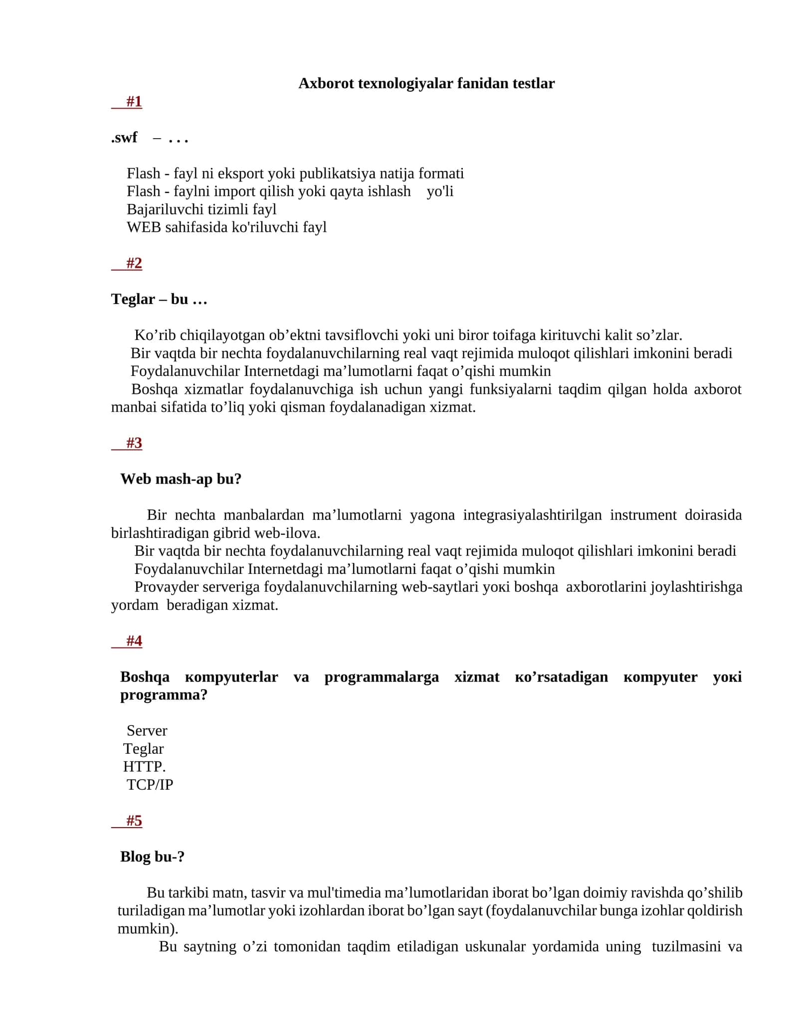 Axborot texnologiyalar fanidan testlar