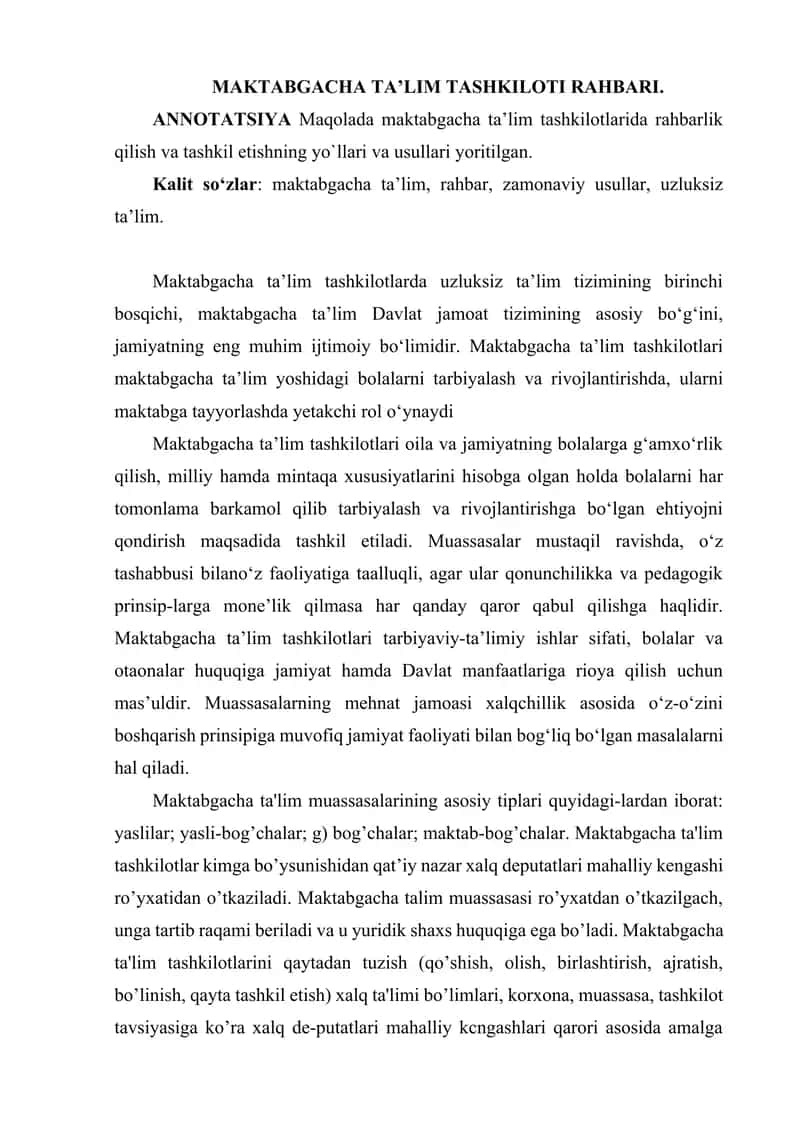 MAKTABGACHA TA’LIM TASHKILOTI RAHBARI.