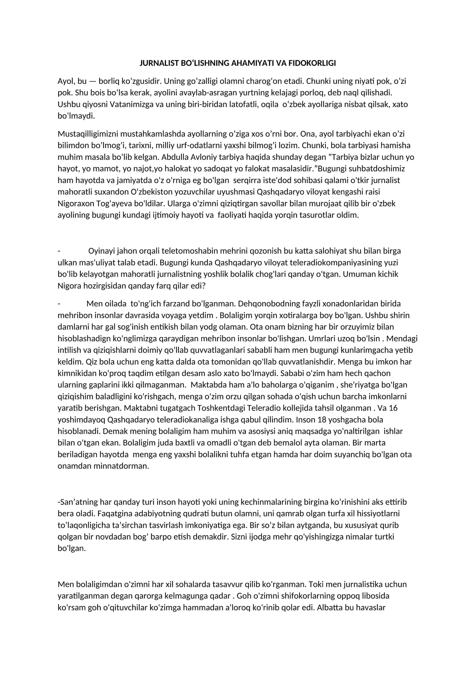 JURNALIST BOʻLISHNING AHAMIYATI VA FIDOKORLIGI