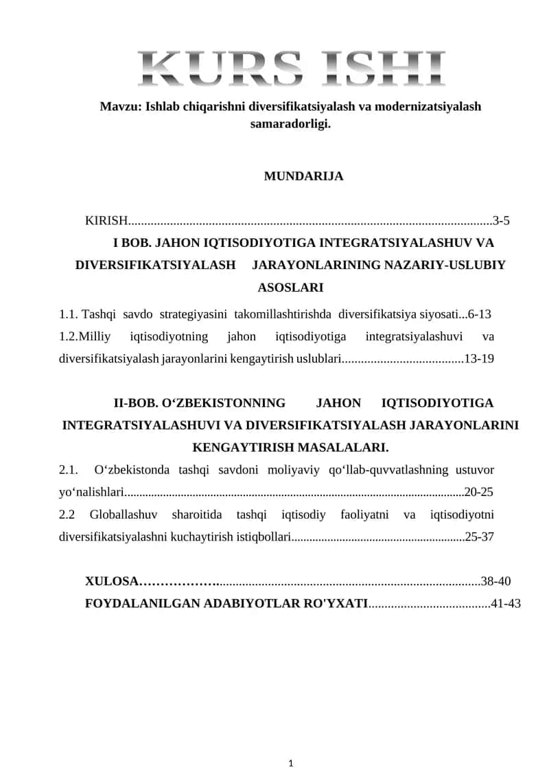Ishlab chiqarishni diversifikatsiyalash va modernizatsiyalash samaradorligi