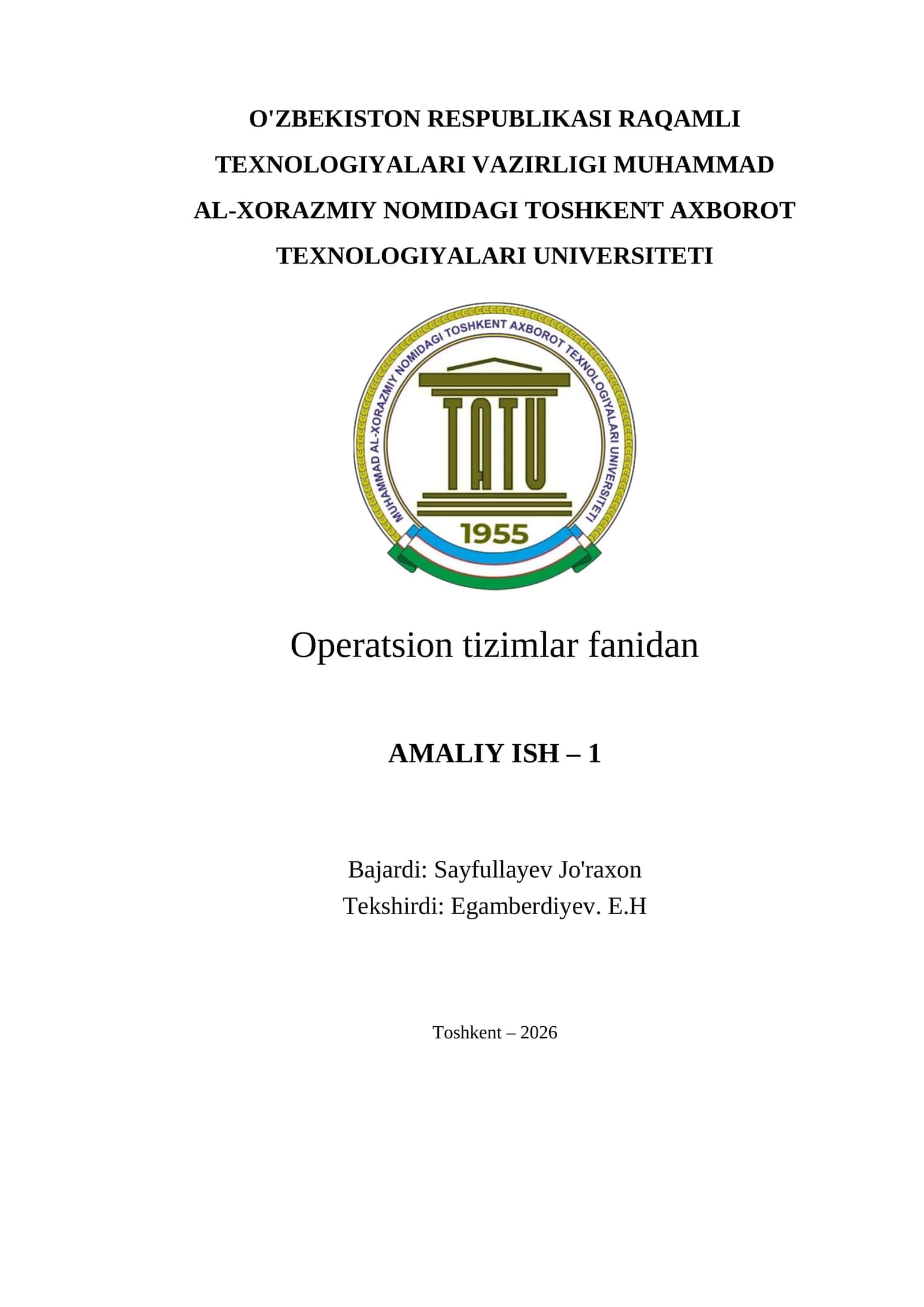 Operatsion tizimlar fanidan AMALIY ISH – 1