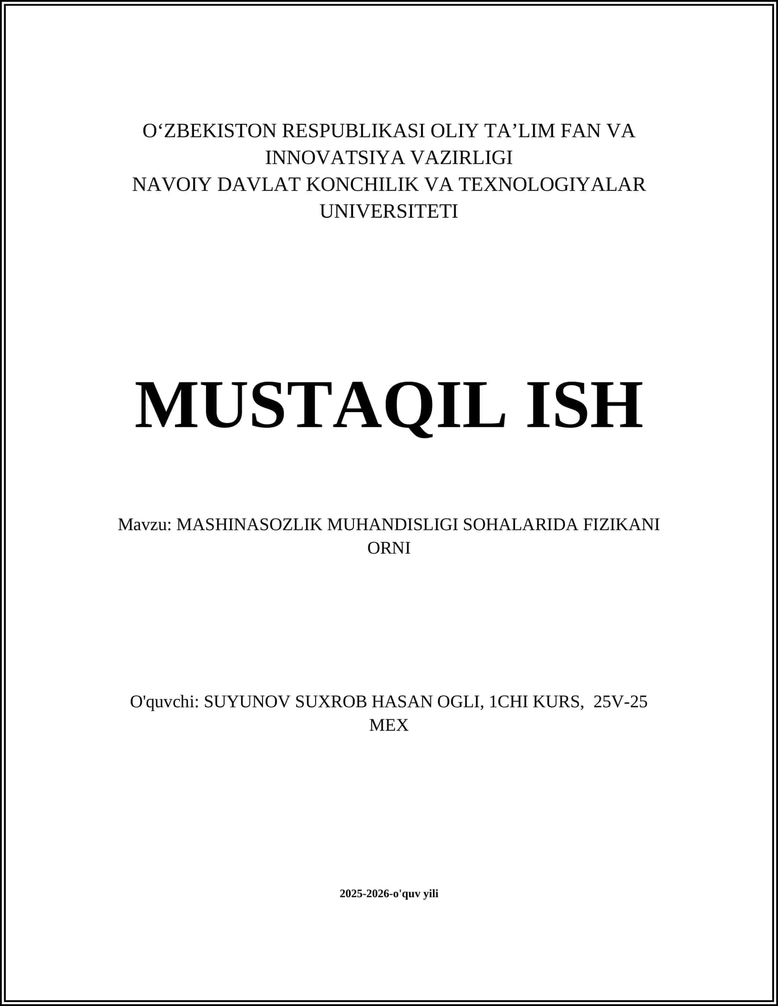 MASHINASOZLIK MUHANDISLIGI SOHALARIDA FIZIKANI ORNI