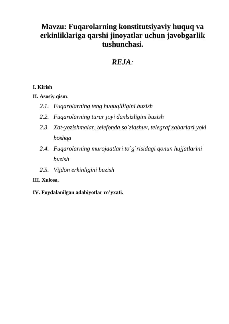 Fuqarolarning konstitutsiyaviy huquq va erkinliklariga qarshi jinoyatlar uchun javobgarlik tushunchasi