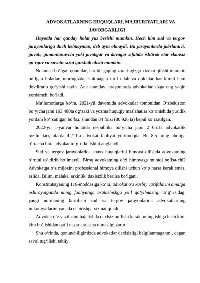 Advokatlarning huquqlari, majburiyatlari va javobgarligi