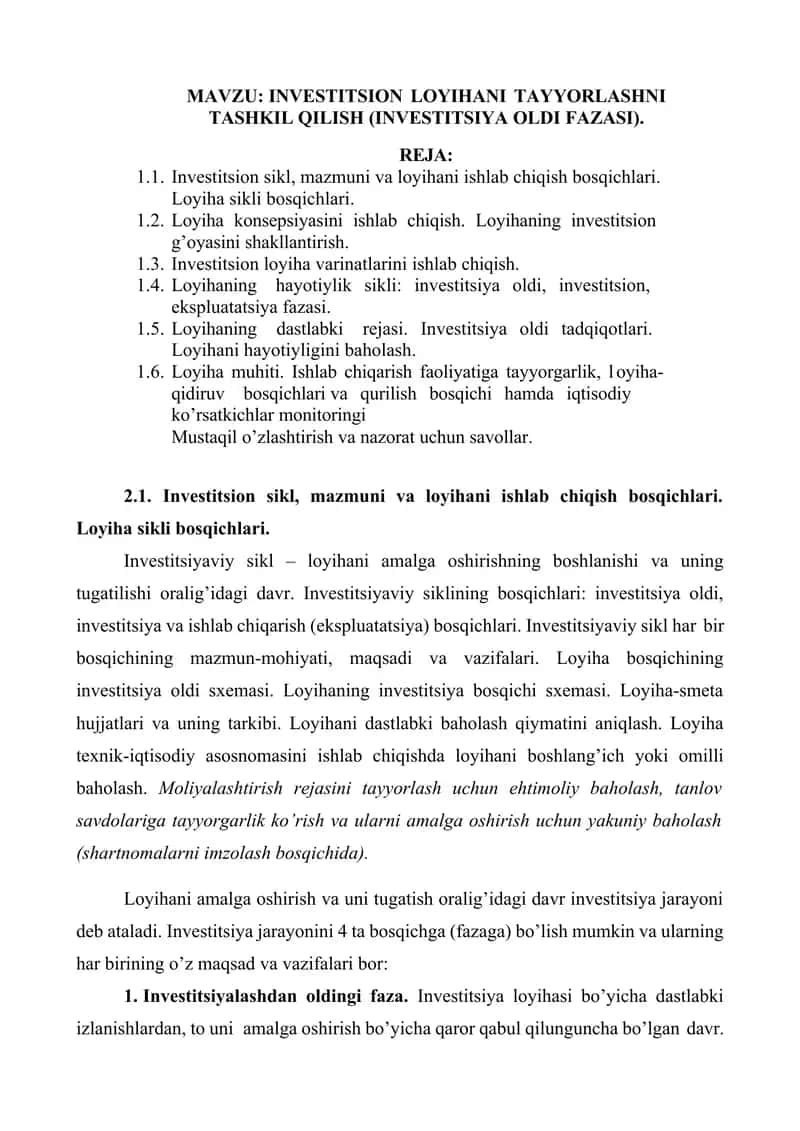 INVESTITSION LOYIHANI TAYYORLASHNI TASHKIL QILISH (INVESTITSIYA OLDI FAZASI).