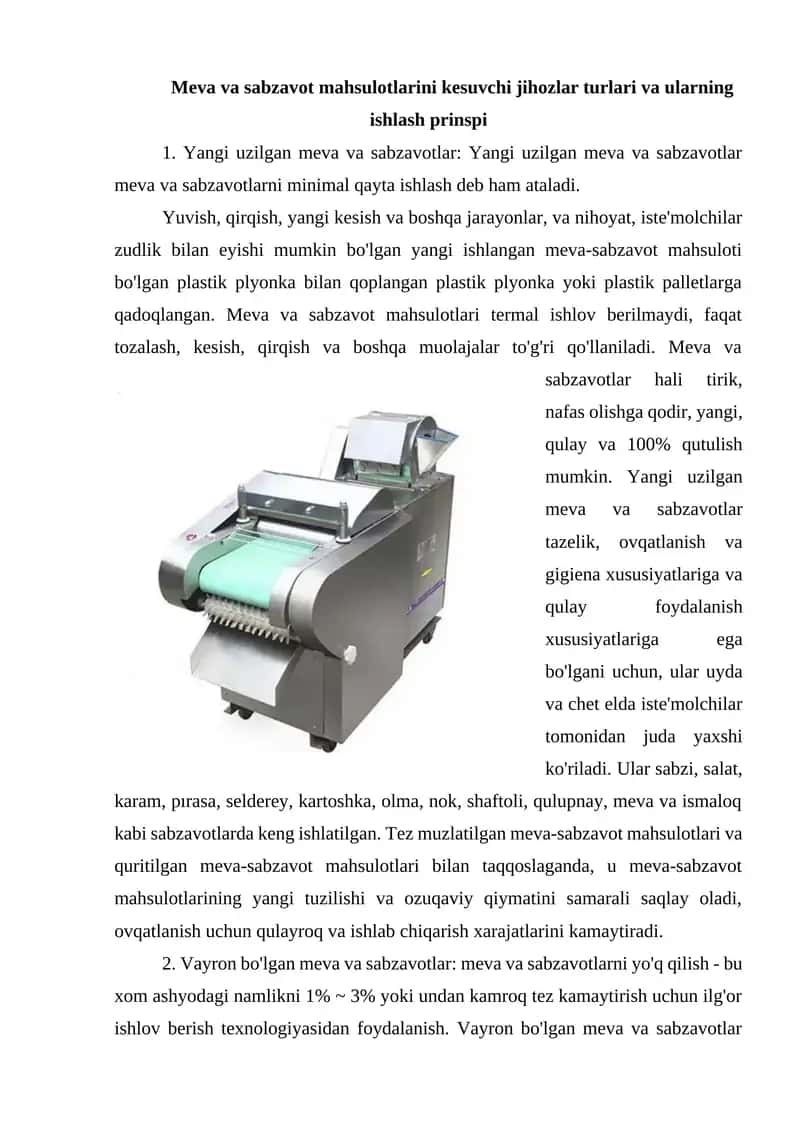 Meva va sabzavot mahsulotlarini kesuvchi jihozlar turlari va ularning ishlash prinsi