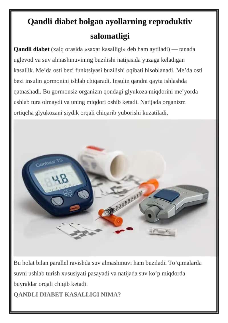 Qandli diabet bolgan ayollarning reproduktiv salomatligi