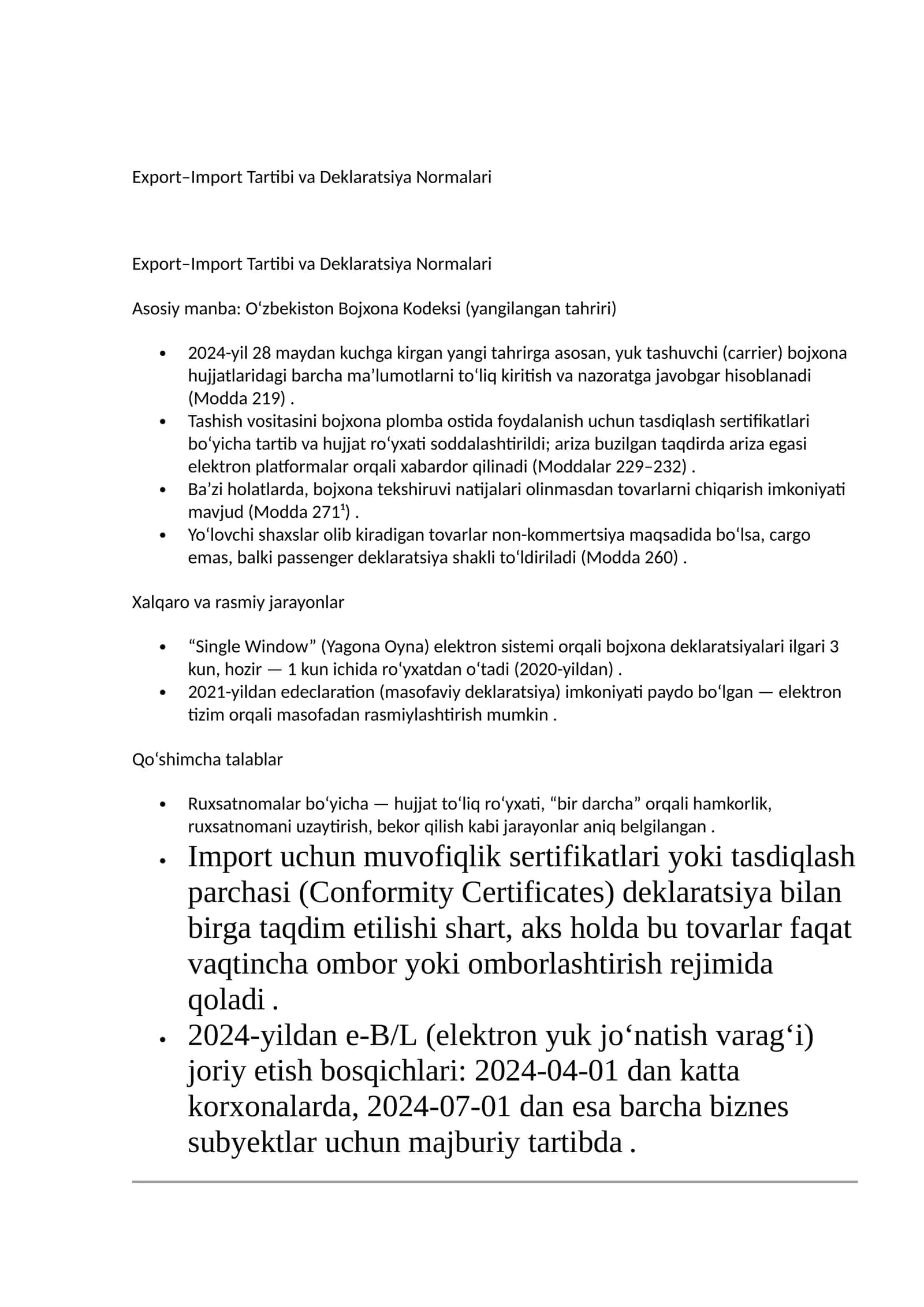 Export–Import Tartibi va Deklaratsiya Normalari