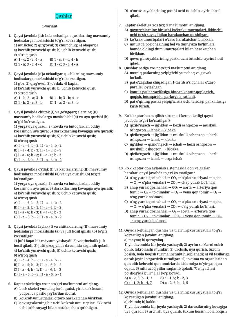 Qushlar va sutemizuvchilar test javobli