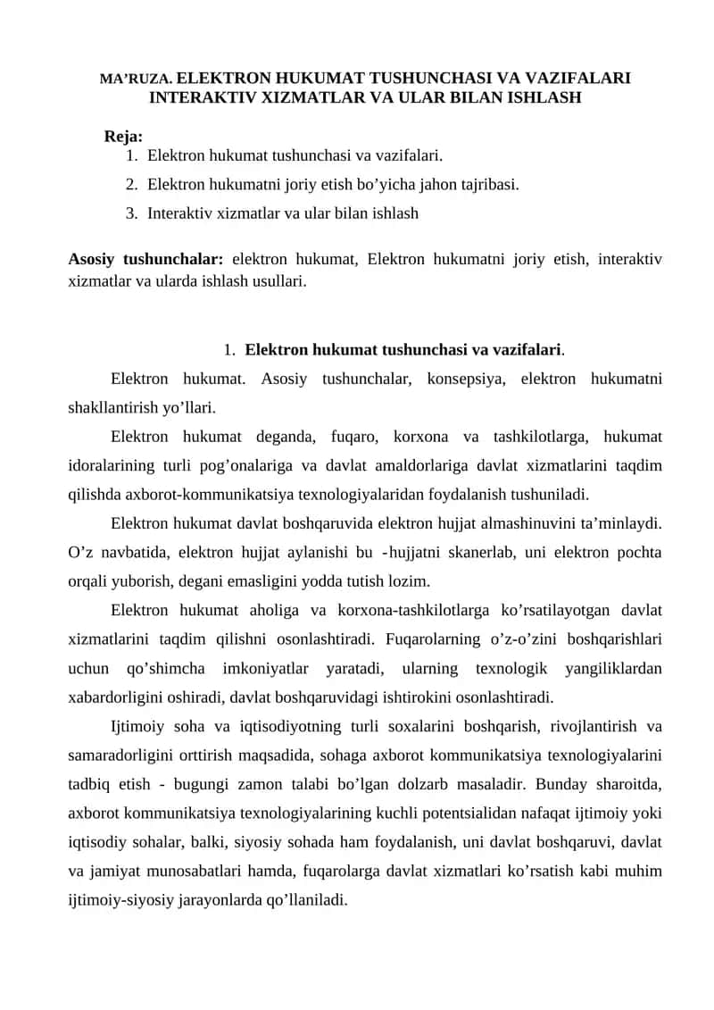 Elektron Hukumat Tushunchasi va Vazifalari