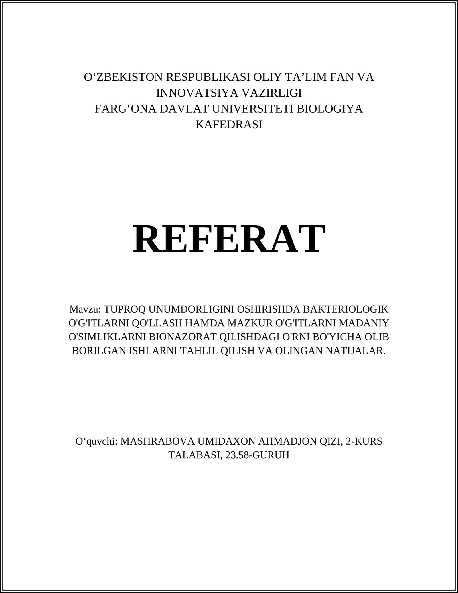TUPROQ UNUMDORLIGINI OSHIRISHDA BAKTERIOLOGIK O'G'ITLARNI QO'LLASH