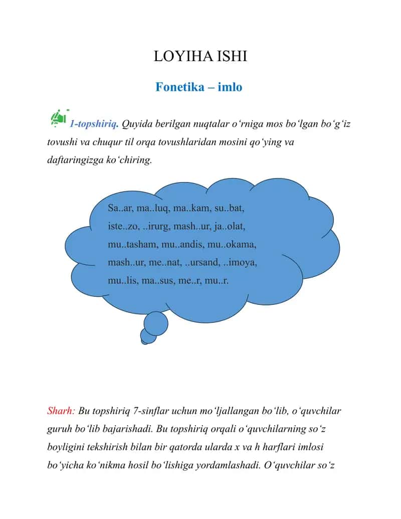 fonetika - imlo, fonetika talaffuz, yordamchi so'zlar, mustaqil so'z turkumlari, oraliqdagi so'zlar, morfemika, leksikalogiya