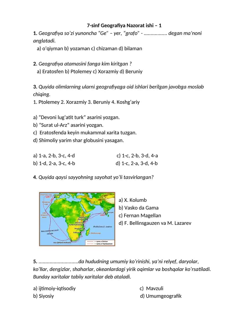 7-sinf Geografiya Nazorat ishi – 1