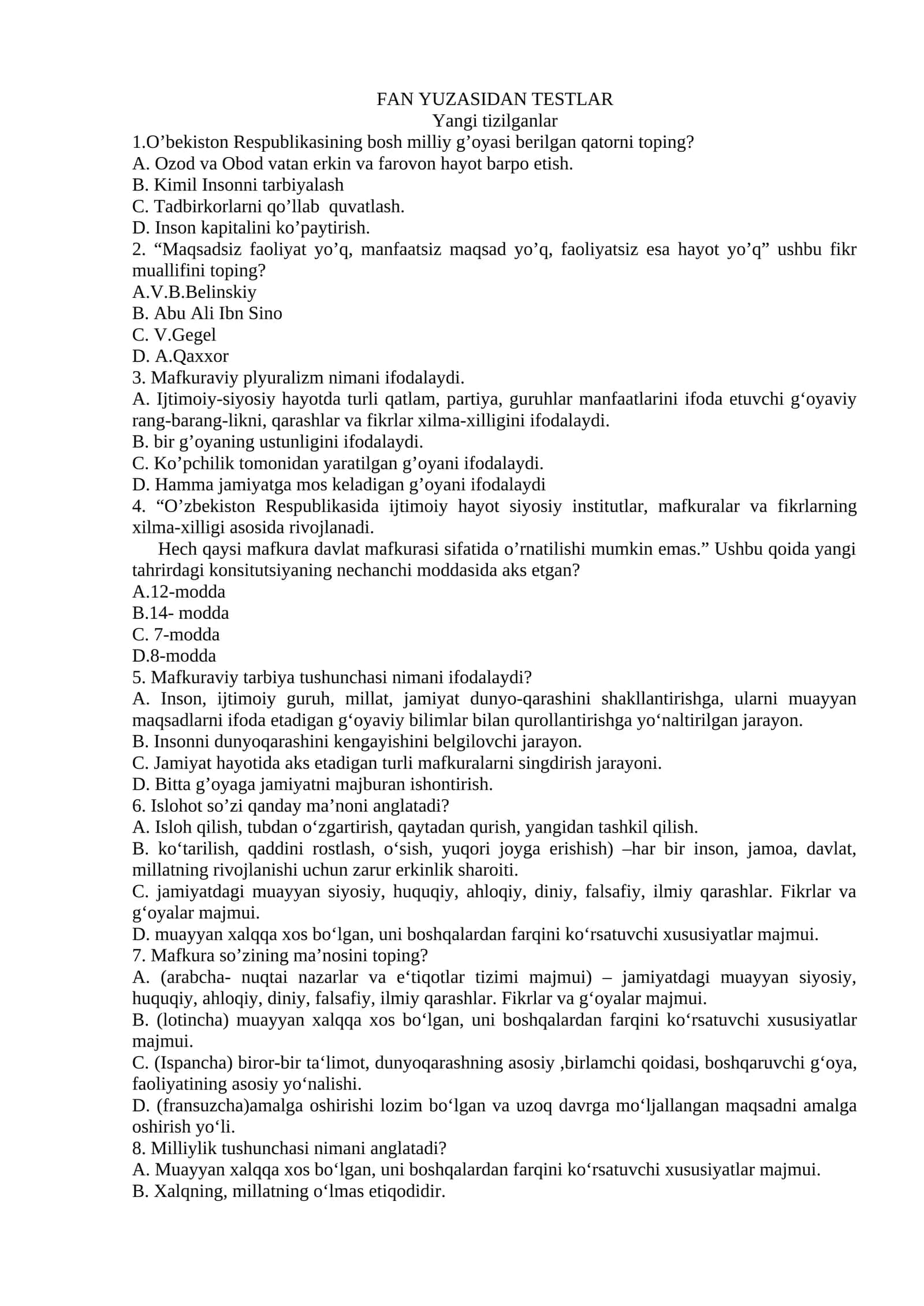 FAN YUZASIDAN TESTLAR