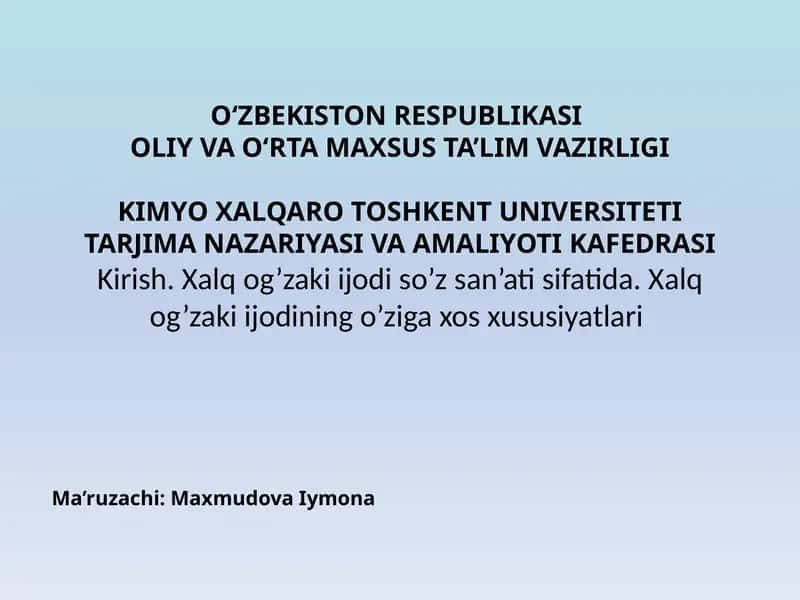 Xalq og’zaki ijodi so’z san’ati sifatida