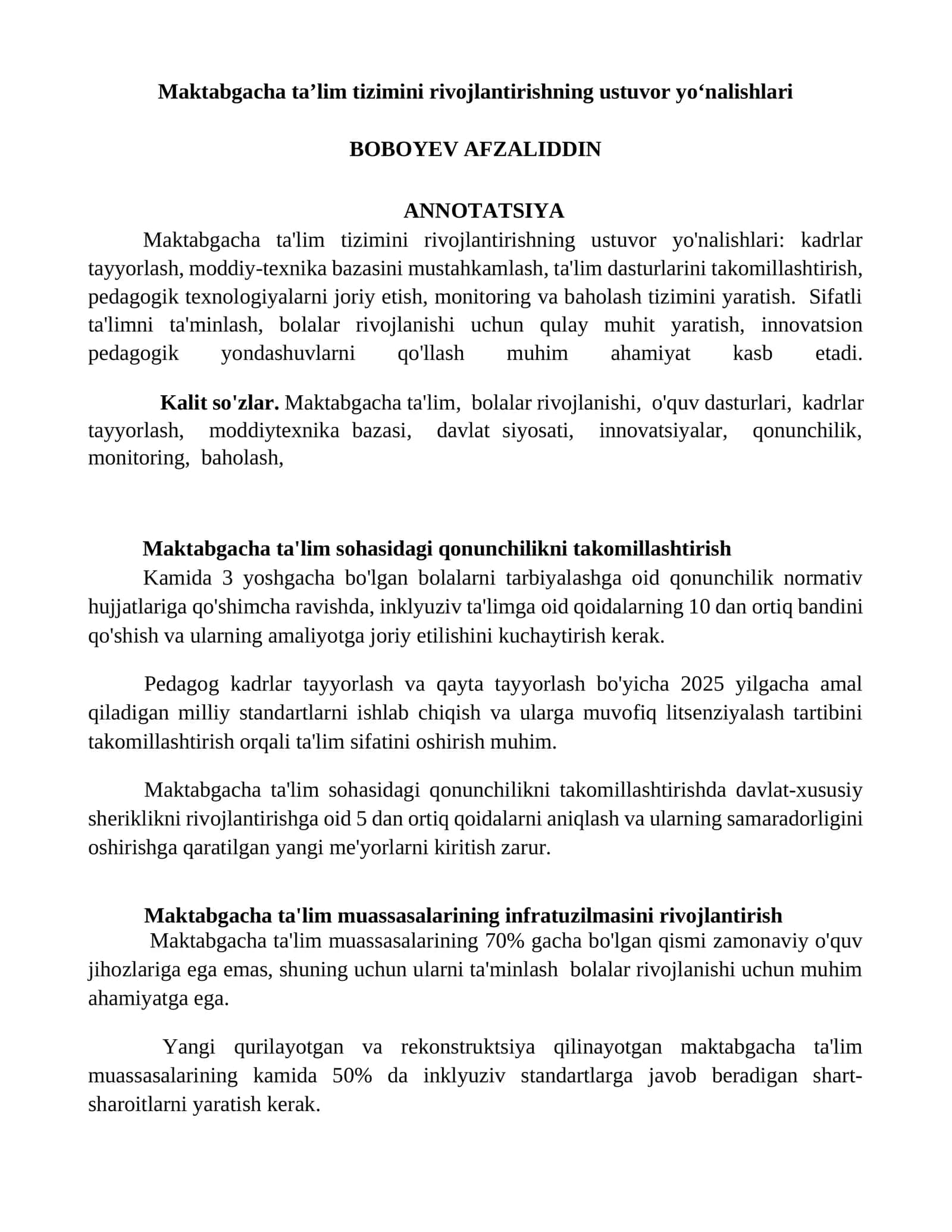 Maktabgacha taʼlim tizimini rivojlantirishning ustuvor yoʻnalishlari