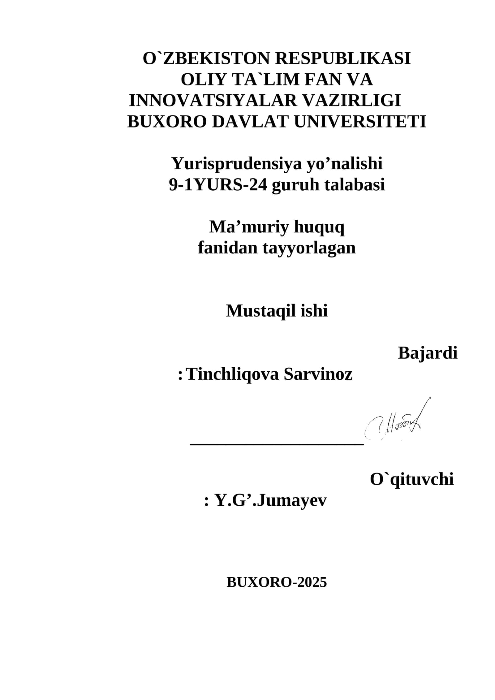 Ma’muriy huquq fanidan tayyorlagan Mustaqil ishi