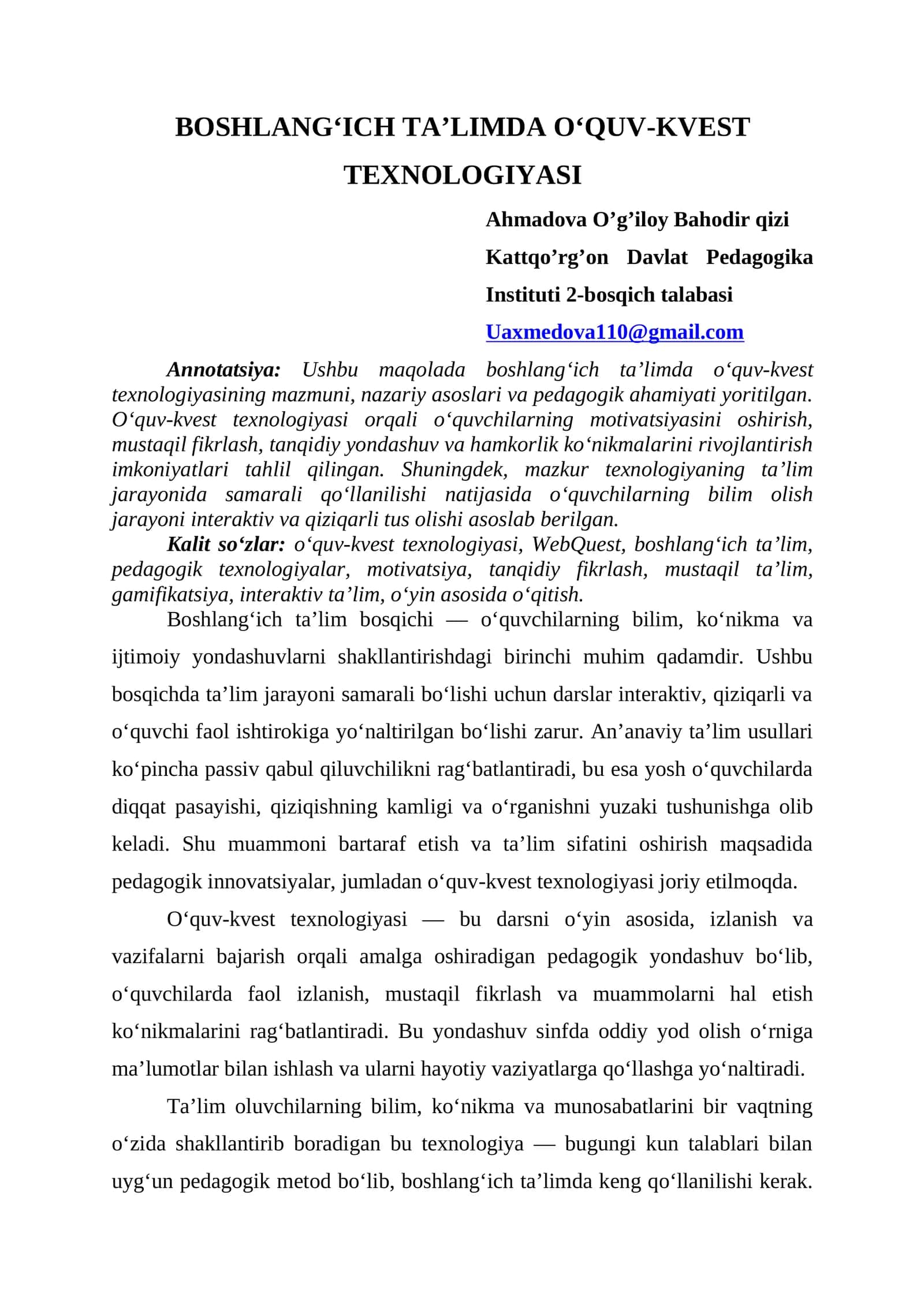 BOSHLANG‘ICH TAʼLIMDA O‘QUVKVEST TEXNOLOGIYASI