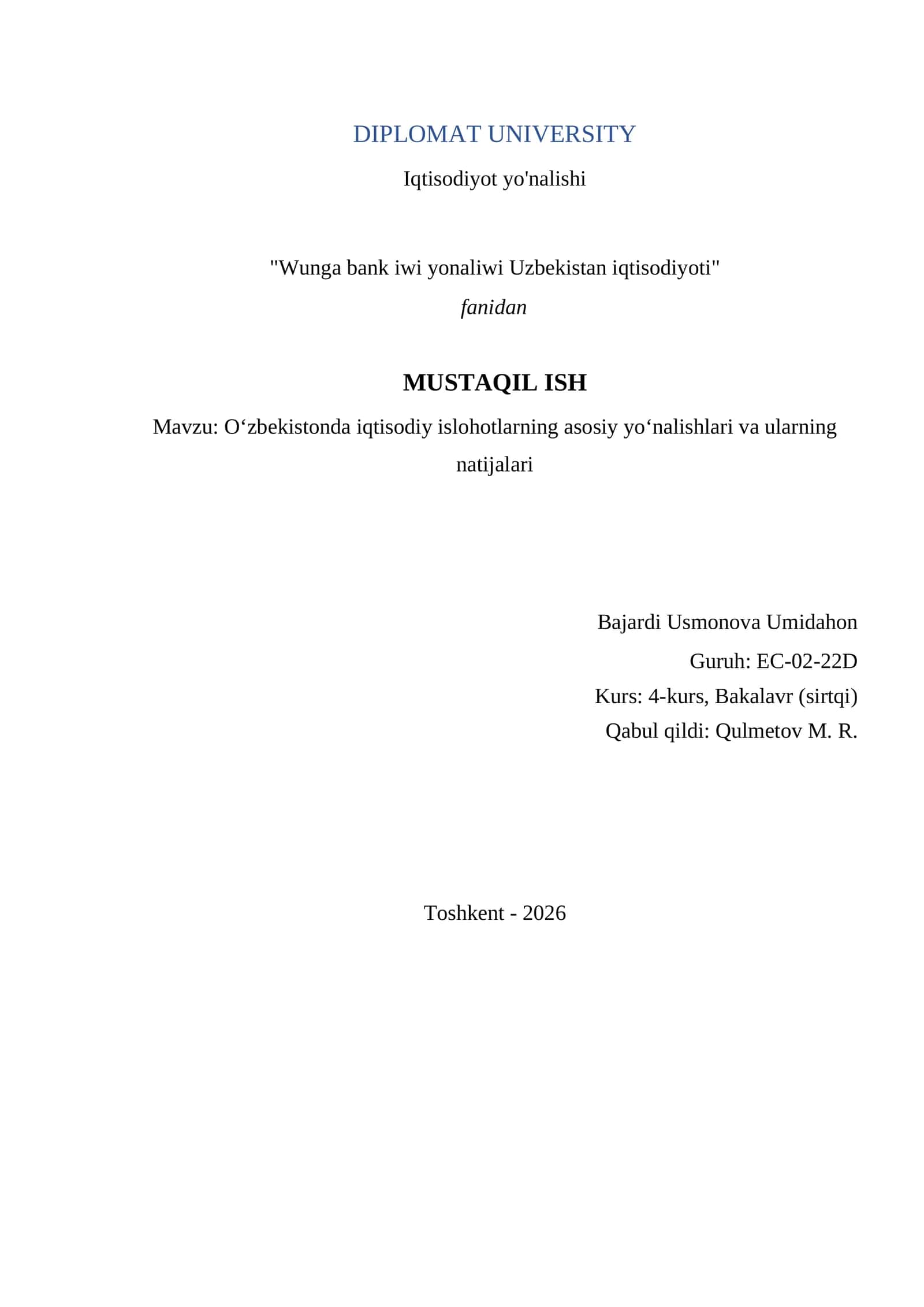 Mavzu: O‘zbekistonda iqtisodiy islohotlarning asosiy yo‘nalishlari va ularning natijalari
