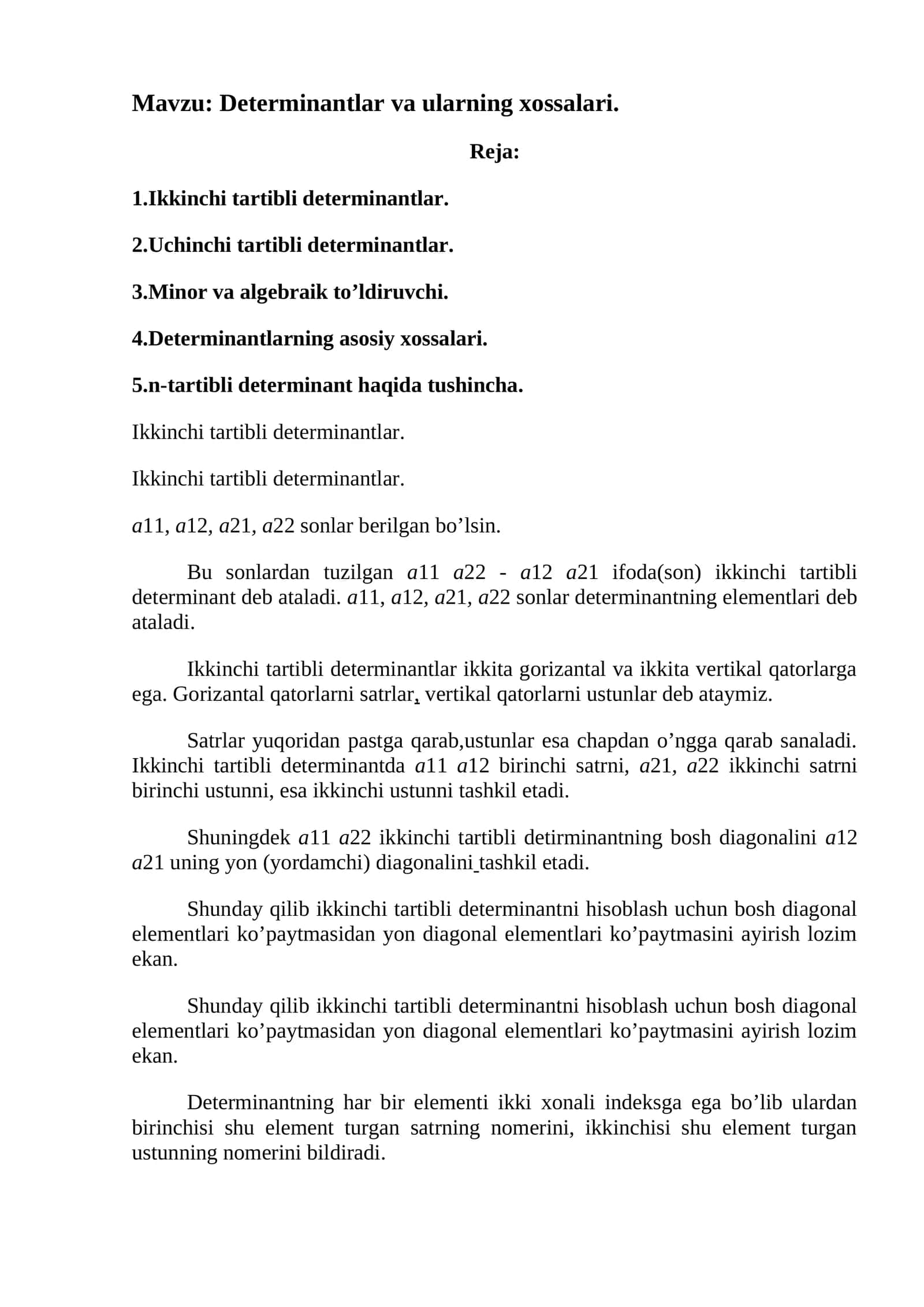 Determinantlar va ularning xossalari