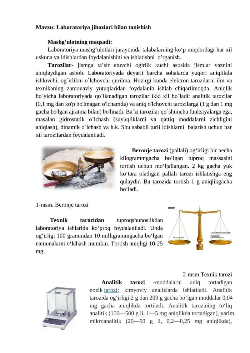 Tuproqlarni laboratoriyada o‘rganish uchun mo‘ljallangan asosiy uskunalar va idishlar bilan tanishish