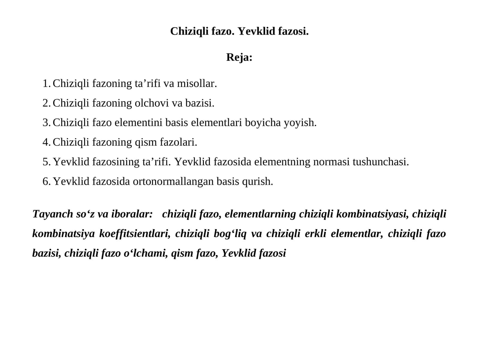 Chiziqli fazo. Yevklid fazosi
