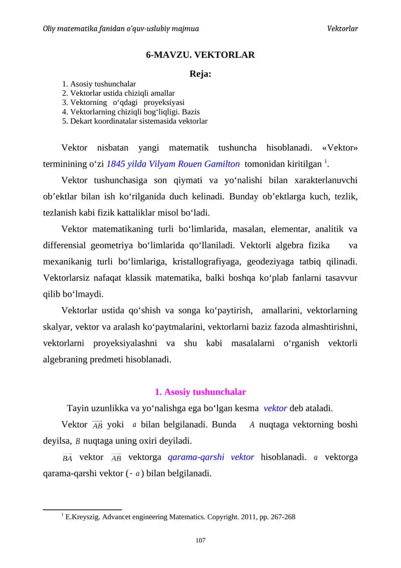 Oliy matematika fanidan o’quv-uslubiy majmua Vektorlar