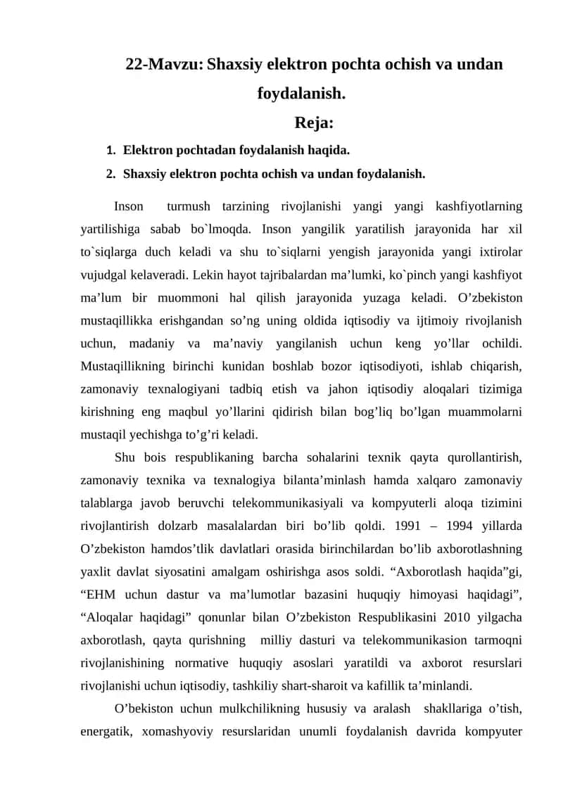 Shaxsiy elektron pochta ochish va undan foydalanish