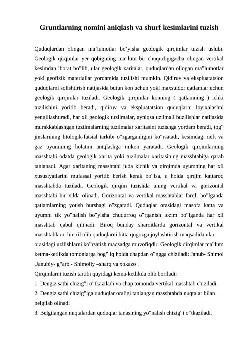Gruntlarning nomini aniqlash va shurf kesimlarini tuzish