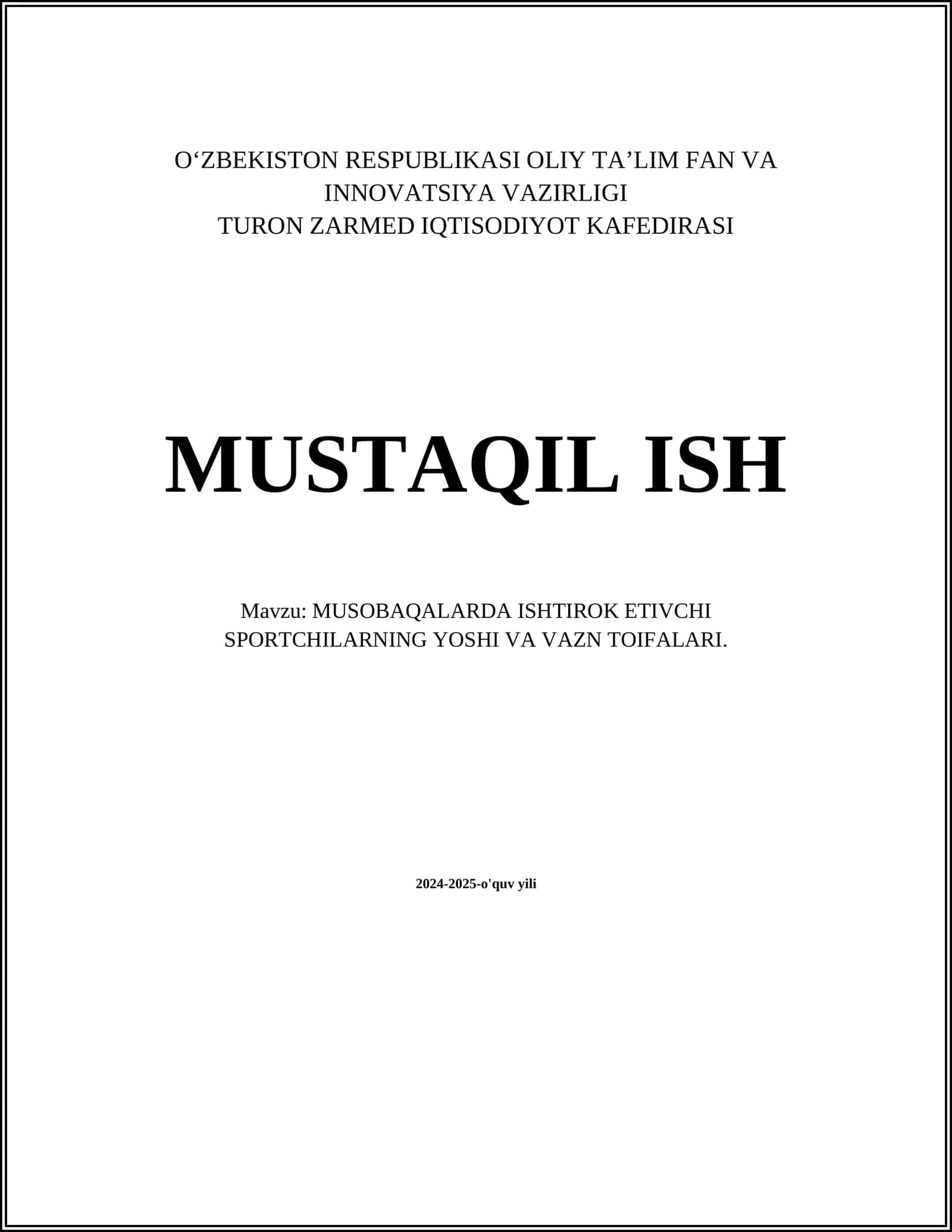 MUSOBAQALARDA ISHTIROK ETIVCHI SPORTCHILARNING YOSHI VA VAZN TOIFALARI
