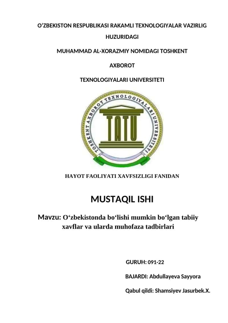 O‘zbekistonda bo‘lishi mumkin bo‘lgan tabiiy xavflar va ularda muhofaza tadbirlari