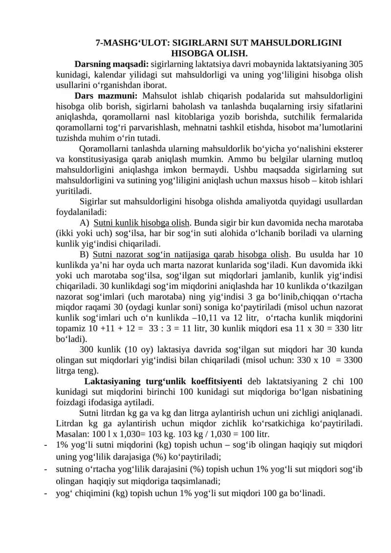 Sut Mahsuldorligi Hisobga Olish