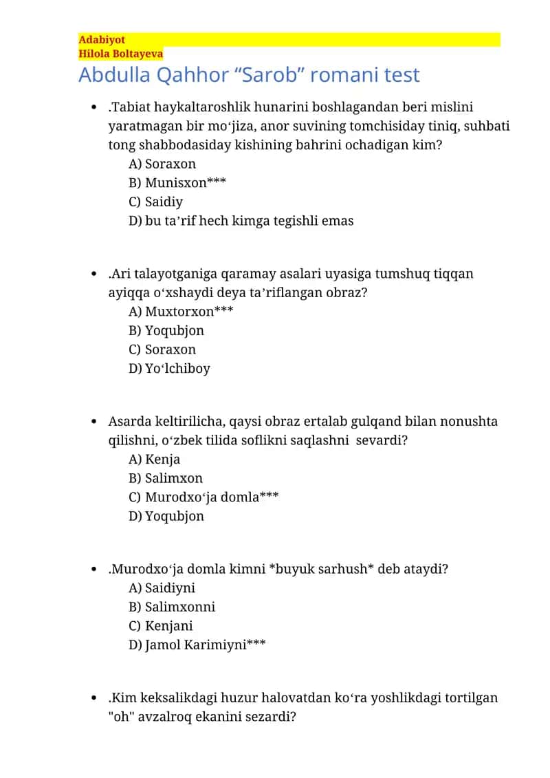 Abdulla Qahhor “Sarob” romani test