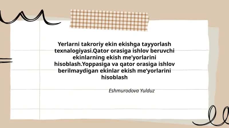 Yerlarni takroriy ekin ekishga tayyorlash texnalogiyasi