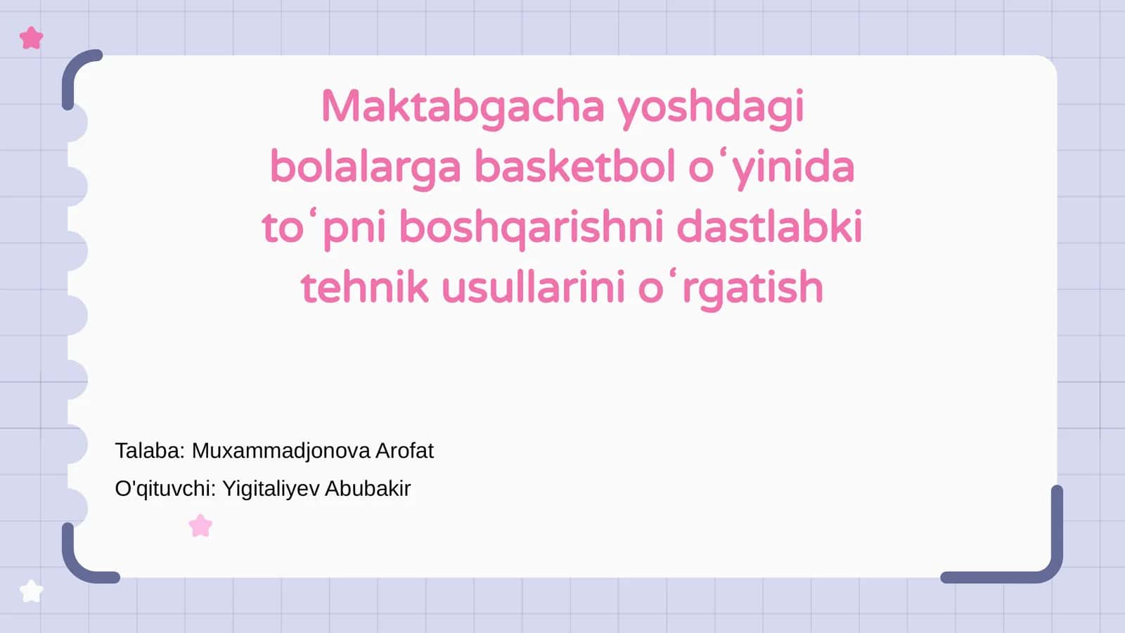 Maktabgacha yoshdagi bolalarga basketbol oʻyinida toʻpni boshqarishni dastlabki tehnik usullarini oʻrgatish