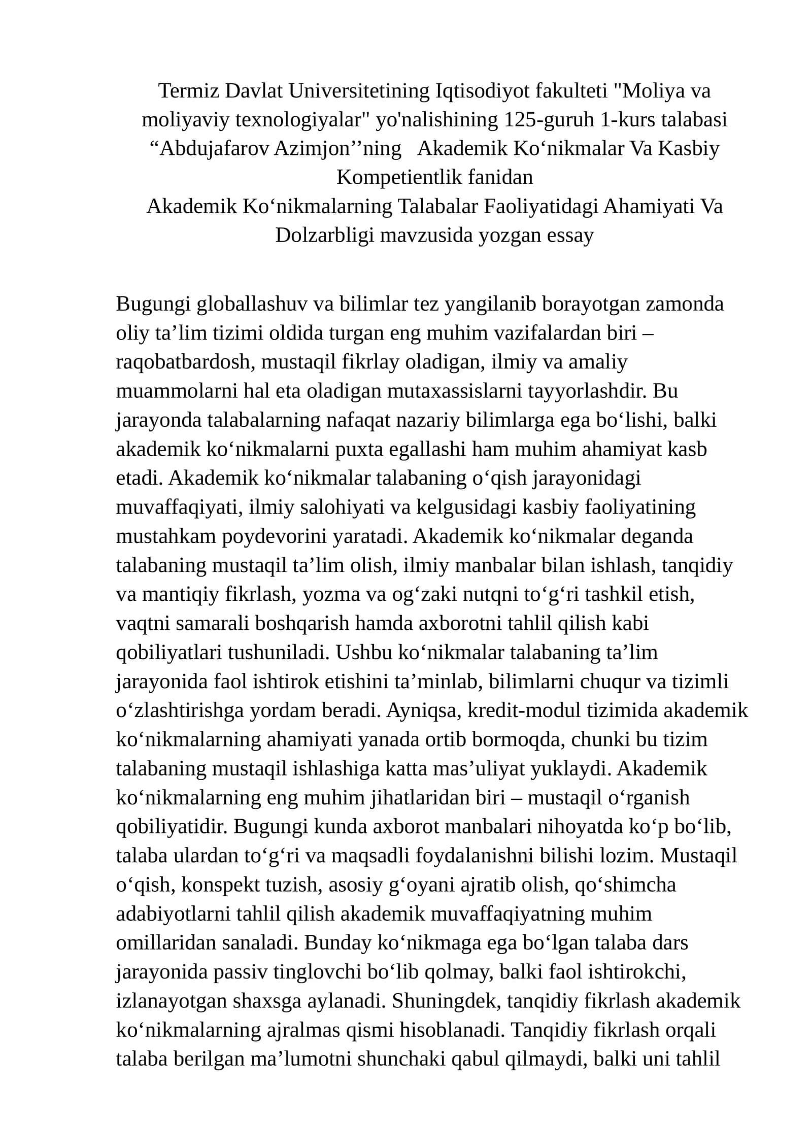 Akademik Ko‘nikmalarning Talabalar Faoliyatidagi Ahamiyati Va Dolzarbligi