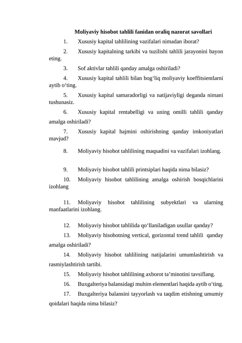 Moliyaviy hisobot tahlili fanidan oraliq nazorat savollari