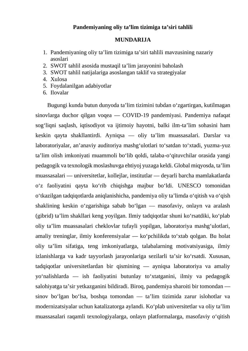 Pandemiyaning oliy ta’lim tizimiga ta’siri tahlili