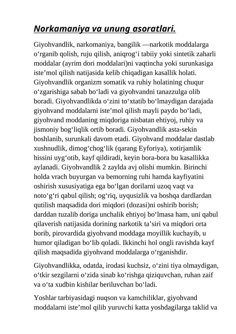 Giyohvandlik va unung asoratlari