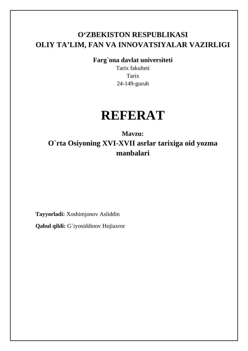 XVI-XVII asrlar Markaziy Osiyo tarixi