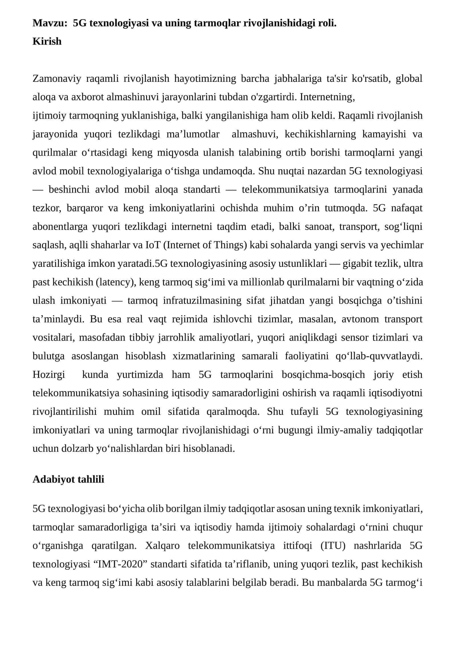 5G texnologiyasi va uning tarmoqlar rivojlanishidagi roli