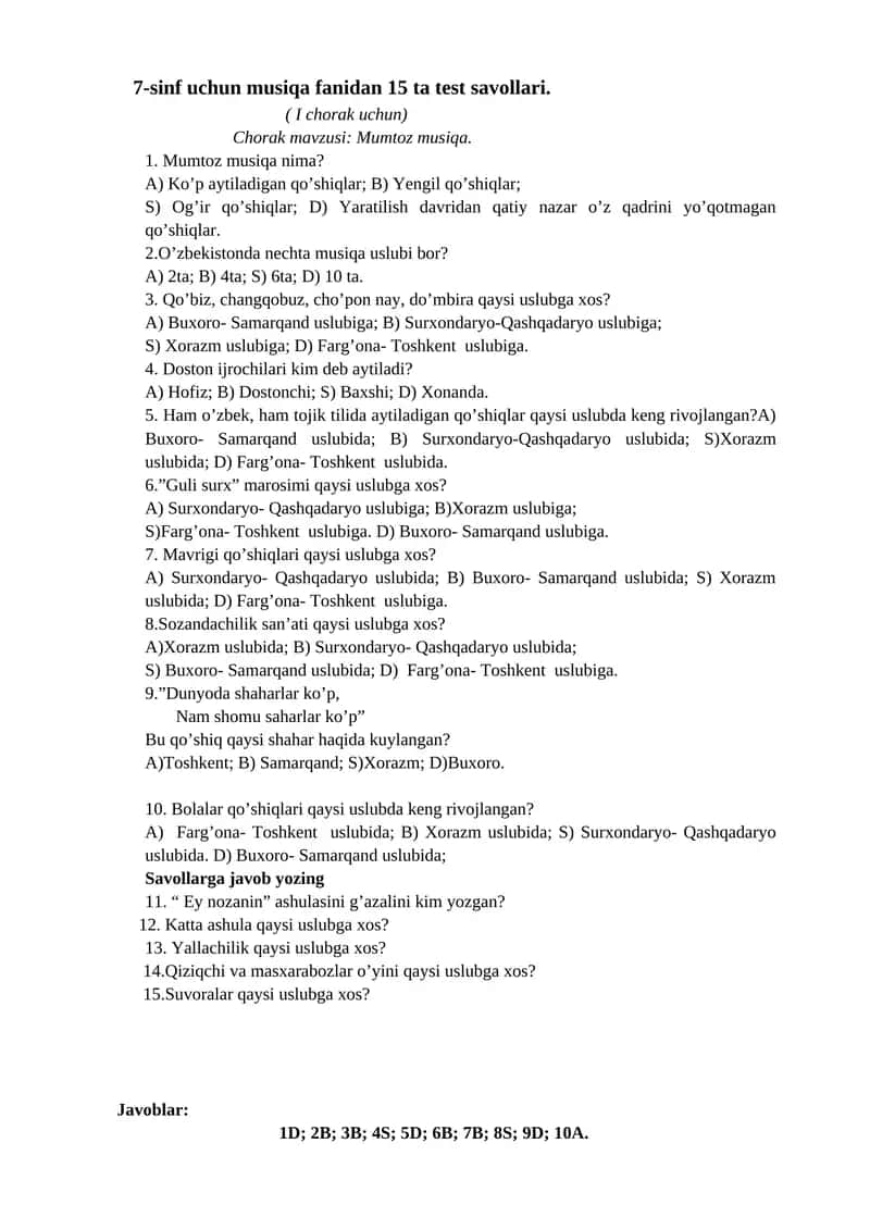 7-sinf uchun musiqa fanidan 15 ta test savollari