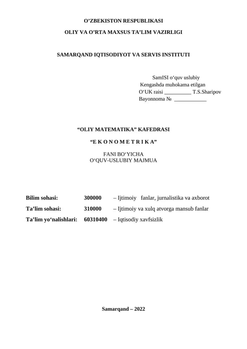 Ekonometrika fanidan o’quv-uslubiy majmua