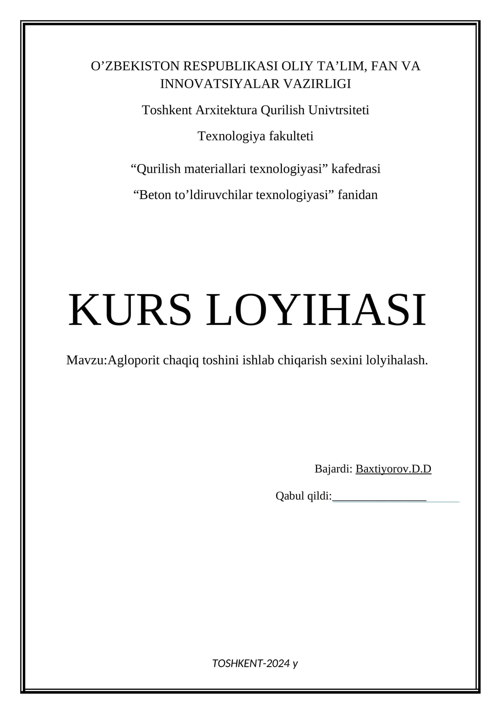 Agloporit chaqiq toshini ishlab chiqarish sexini lolyihalash