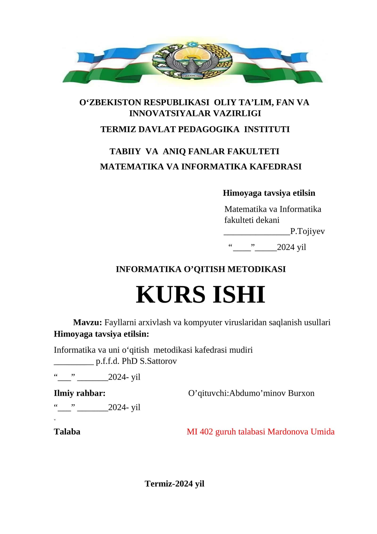 Informatika o’qitish metodikasi KURS ISHI