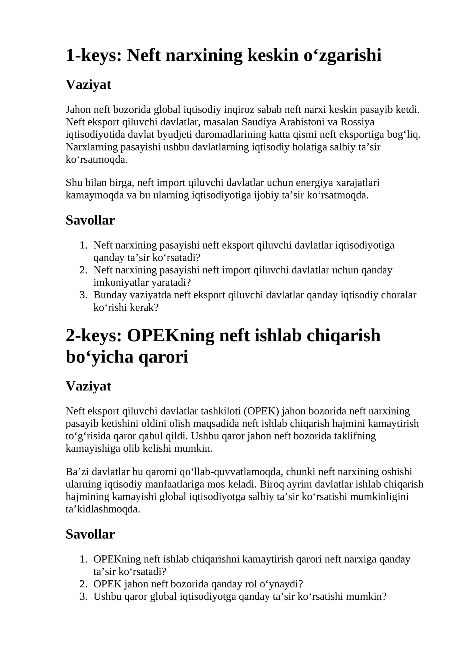 Neft narxining keskin o‘zgarishi