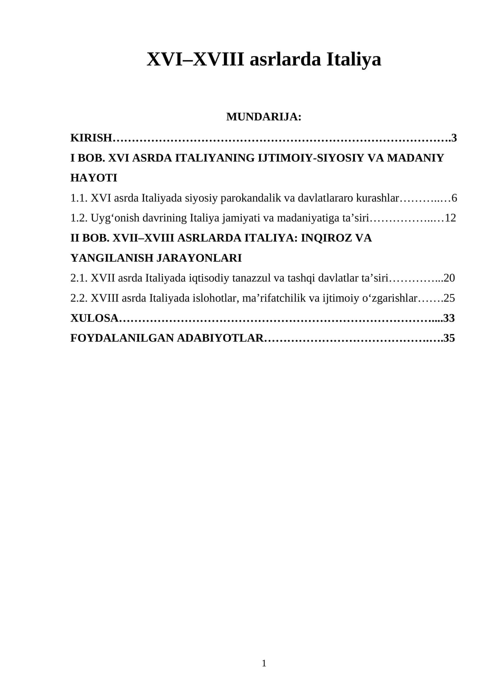 XVI–XVIII asrlarda Italiya