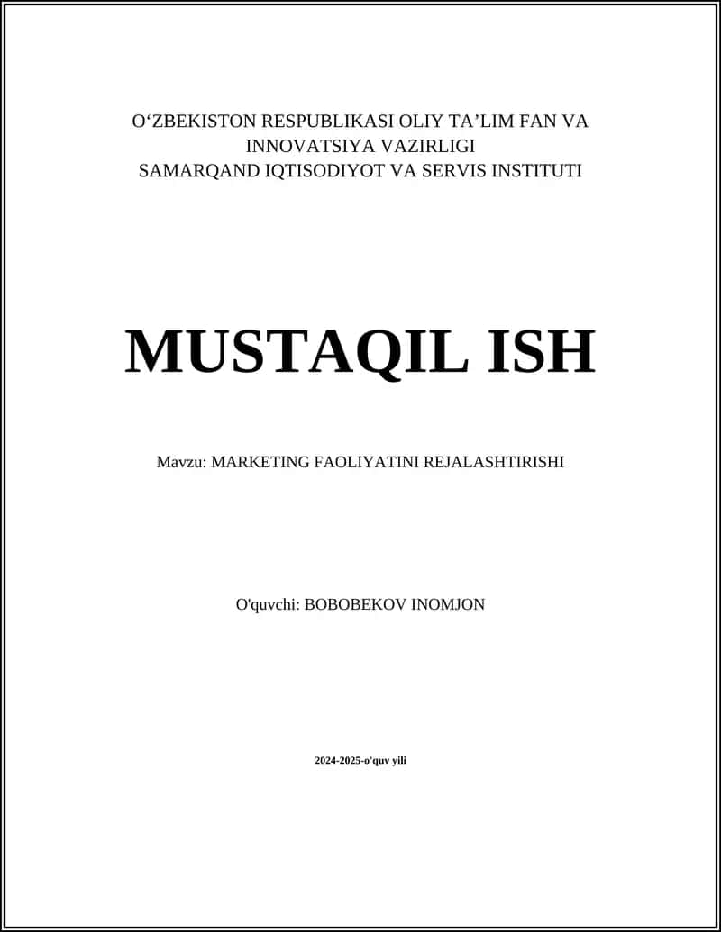 MARKETING FAOLIYATINI REJALASHTIRISHI